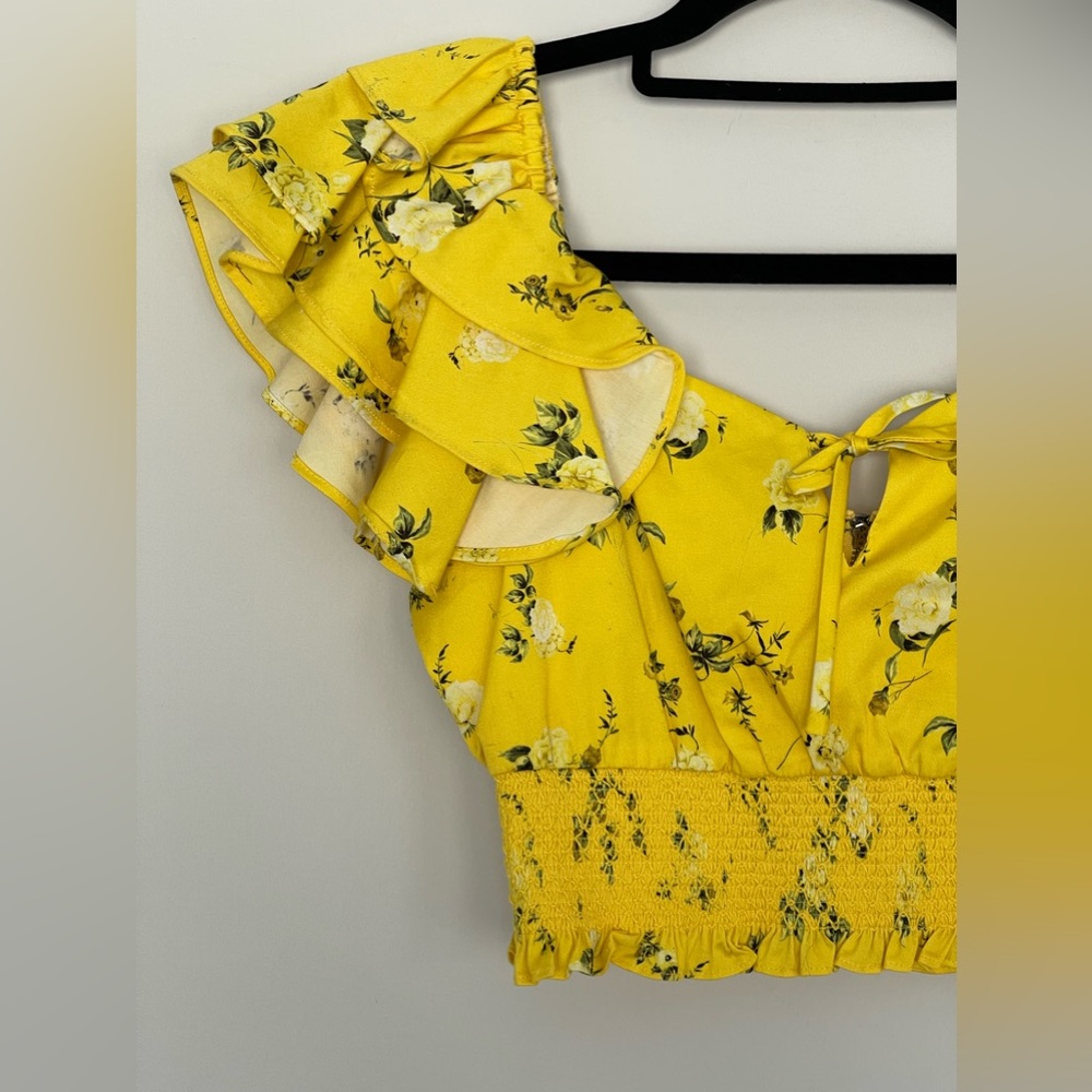 New Alice + Olivia Shanae Floral Ruffle Crop Top Womens Yellow - Picture 4 of 11